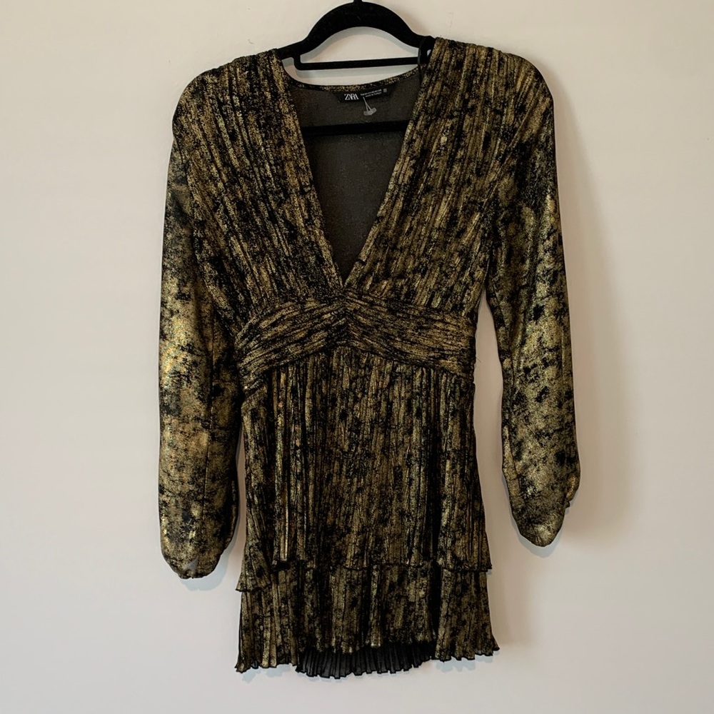 Zara Women's Elegant Black and Gold mini dress small stacked ruffles nwot
